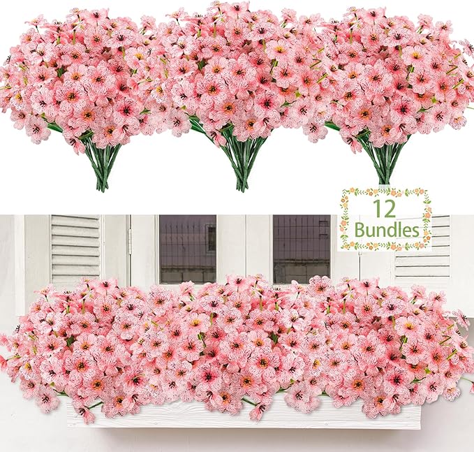 MACTING Artificial Flowers for Outdoors 12 Bundles Fake Flowers UV Resistant Faux Plastic Plants No Fade for Hanging Planters Window Patio Porch Garden Home Indoor Outdoor Summer Decorations(Pink)