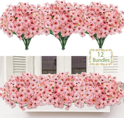 MACTING Artificial Flowers for Outdoors 12 Bundles Fake Flowers UV Resistant Faux Plastic Plants No Fade for Hanging Planters Window Patio Porch Garden Home Indoor Outdoor Summer Decorations(Pink)