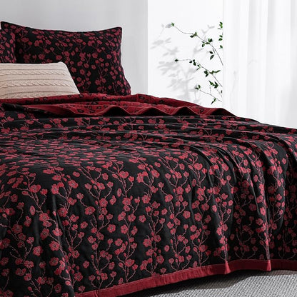 100% Cotton Muslin Jacquard 3 Piece Quilt Set Floral Plum Blossom Print, Soft 3 Layers Gauze Bed Cover Reversible Bedspread Coverlet Breathable Lightweight Bedding Set, Queen