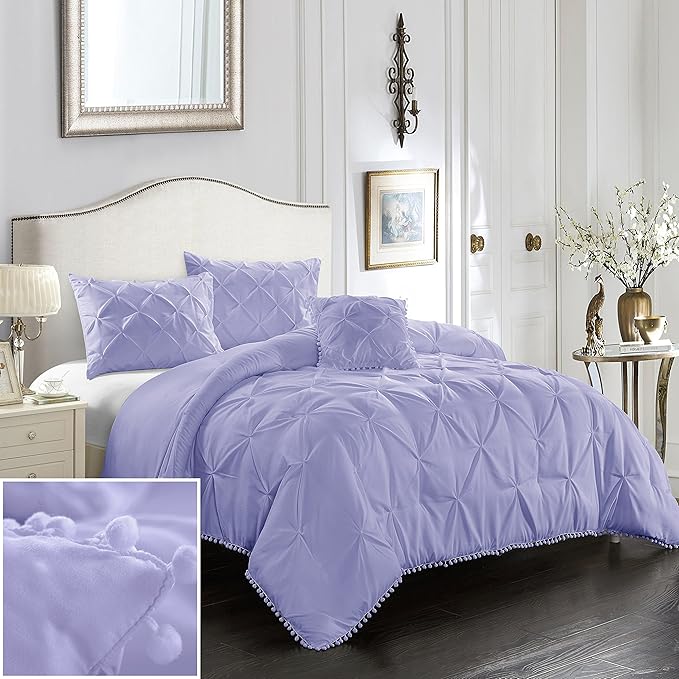 EVOLIVE 4pc Set Pinch Pleat/Kiss Pleat, Pintuck Down Alternative Comforter Set with Pompom (King, Purple)