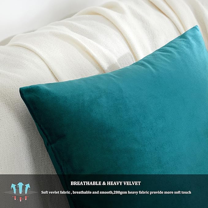 GIGIZAZA Decorative Throw Pillow Covers 18 x 18,Set of 2 Sofa Cushion Teal Peacock Green Pillow Covers,Velvet Pillow Square Cushion Covers