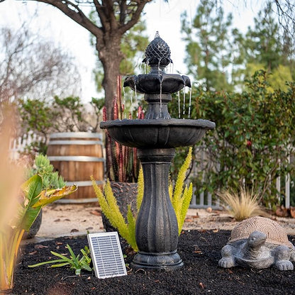 XBrand 44" H Black Fiberglass/Resin 2-Tier Solar Water Fountain with Auto-Shut Off Pump, Tall Outdoor Fountain, Two Tiered Birdbath