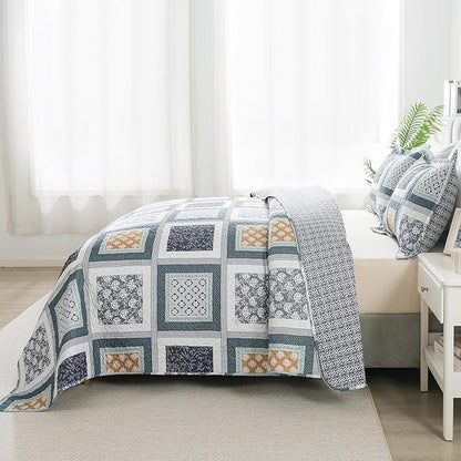 HoneiLife Queen Quilt Bedding Set - 3 Pieces Microfiber Quilt Sets Lightweight Bedspreads Reversible Coverlets Rustic Bed Cover Floral Bedding Set All Season Quilts-Grey