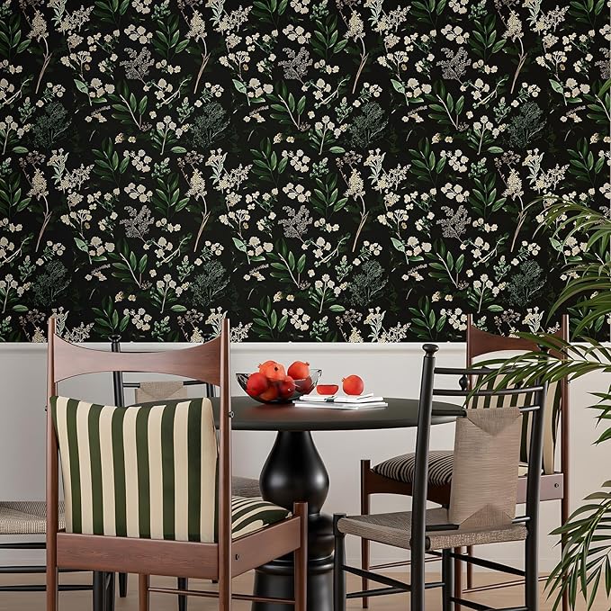 Dark Floral Wallpaper Peel and Stick Green Leaf Wallpaper Vintage Flowers Contact Paper Waterproof Self Adhesive Boho Delicate Wall Paper for Cabinet Kitchen Walls Locker 17.5in x32.8ft