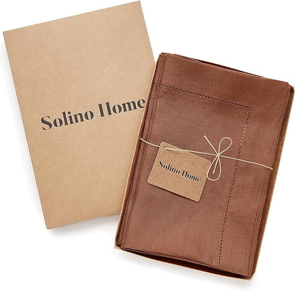 Solino Home Linen Napkins Set of 4 - Classic Hemstitch 100% Pure Linen Cinnamon Dinner Napkins Cloth 20 x 20 Inch for Winter - Handcrafted and Machine Washable