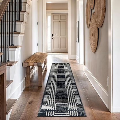 Rugshop Black and White Geometric Area Rug – Abstract Curved Line and Square Pattern Carpet for Living Room, Bedroom, or Office – Contemporary Soft Floor Décor 2' 3" x 12' Runner Black