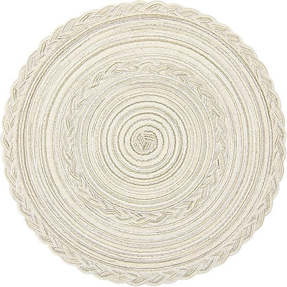 SHACOS Boho Round Placemats Set of 8 Braided Border Round Place Mats 15 inch Washable Dining Table Mats for Home Wedding Holiday Party (Ivory Bordered, 8)