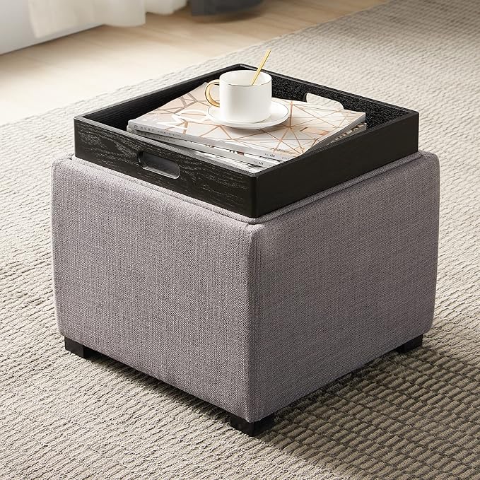CHITA Storage Ottoman Cube with Tray Lid, Small Footstool with Storage, Square End Table for Living Room and Bedroom, Performance Fabric in Flint Grey