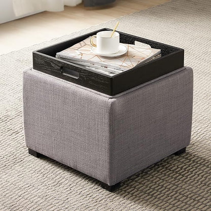 CHITA Storage Ottoman Cube with Tray Lid, Small Footstool with Storage, Square End Table for Living Room and Bedroom, Performance Fabric in Flint Grey