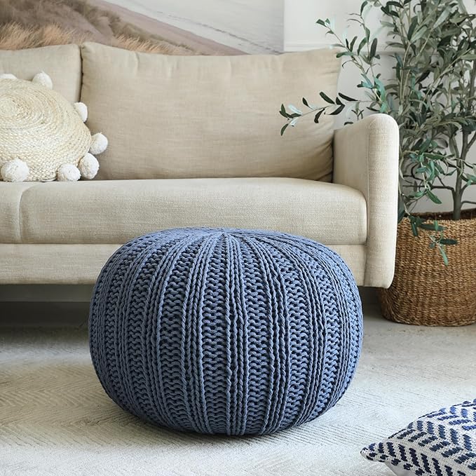 LR Home Blue Cableknit Cotton Round Ottoman for Home Décor | Hand-Made Farmhouse Foot Rest for Bedroom & Living Room | 20 x 20 x 16 Stuffed Pouf for Seating
