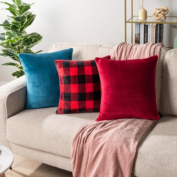 PAVILIA Checker Plaid Throw Pillow Covers 18x18 Set of 2, Decorative Pillow Cases for Bed Sofa Couch, Boho Aesthetic Accent Decor Cushion Bedroom Living Room, Velvet Square Euro Sham Covers, Black Red