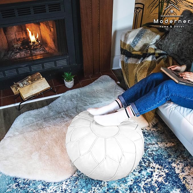 Moderner Faux Leather Pouf Unstuffed Ottoman Moroccan Footstool, Floor Footrest Cushion, Storage Solution - Natural Brown Color (White, Round)