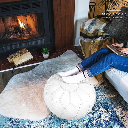 Moderner Faux Leather Pouf Unstuffed Ottoman Moroccan Footstool, Floor Footrest Cushion, Storage Solution - Natural Brown Color (White, Round)