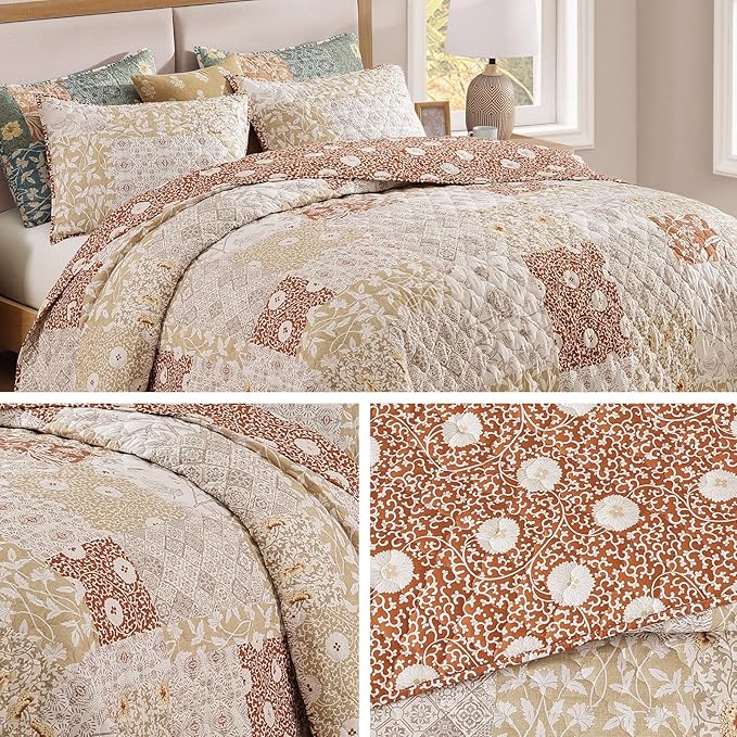 CASAAGUSTO King Size Quilt Set - 3 Pieces Patchwork Terracotta Quilt Bedding Set, Lightweight King Bedspread Coverlet, Reversible Floral Bed Cover for All Seasons (106"x94", 1 Quilt + 2 Pillow Shams)