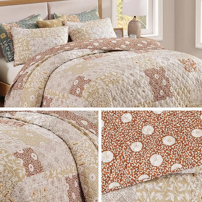 CASAAGUSTO Queen Quilt Set - 3 Pieces Patchwork Terracotta Quilt Bedding Set, Lightweight Queen Bedspread Coverlet, Reversible Floral Bed Cover for All Seasons (90"x94", 1 Quilt + 2 Pillow Shams)