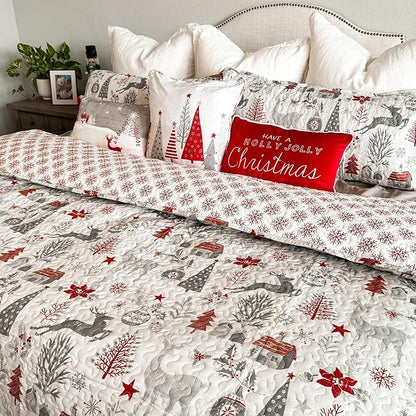 Southshore Fine Living, Inc. Holly Jolly Christmas Quilts Queen Size, Christmas Bedding Set 3-Piece Oversized Holiday Quilt Set with Quilted Shams, Full/Queen