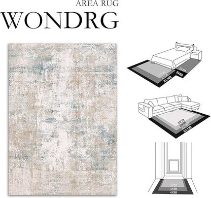5x7 Washable Area Rug Beige Blue Abstract Living Room Bedroom Throw Rug Neutral Modern Non Slip Soft Low Pile Carpet for Kitchen Dining Room Office Entryway