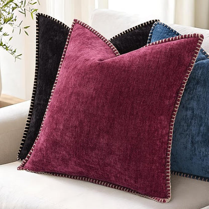 decorUhome Spring Chenille Soft Throw Pillow Covers 26x26 Set of 2, Farmhouse Velvet Neutral Decorative Euro Sham Pillow Covers with Stitched Edge for Couch Sofa Bed Home Decor, Black