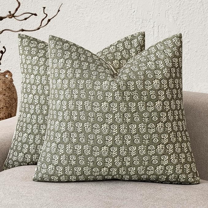 Foindtower Set of 2 Decorative Vintage Floral Print Throw Pillow Covers Neutral Modern Farmhouse Cushion Covers Boho Home Decor for Sofa Chair Couch Bedroom Living Room,18×18 Inch,Sage Green