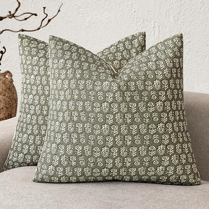 Foindtower Set of 2 Decorative Vintage Floral Print Throw Pillow Covers Neutral Modern Farmhouse Cushion Covers Boho Home Decor for Sofa Chair Couch Bedroom Living Room,18×18 Inch,Sage Green