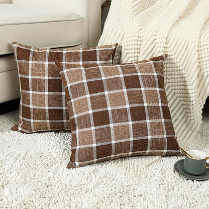 Stellhome Pack of 2 Fall Linen Buffalo Check Decorative Throw Pillow Covers, Autumn Farmhouse Plaid Cushion Covers Rustic Retro Decor for Couch Sofa Living Room, 20x20 Inch, Chocolate