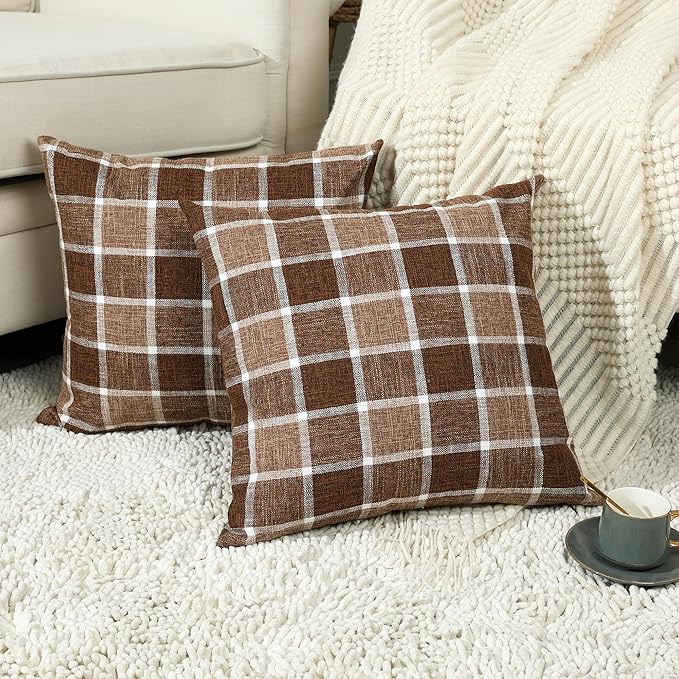 Stellhome Pack of 2 Fall Linen Buffalo Check Throw Pillow Covers, Farmhouse Plaid Decorative Cushion Covers for Couch Sofa Living Room, 18x18 Inch, Chocolate