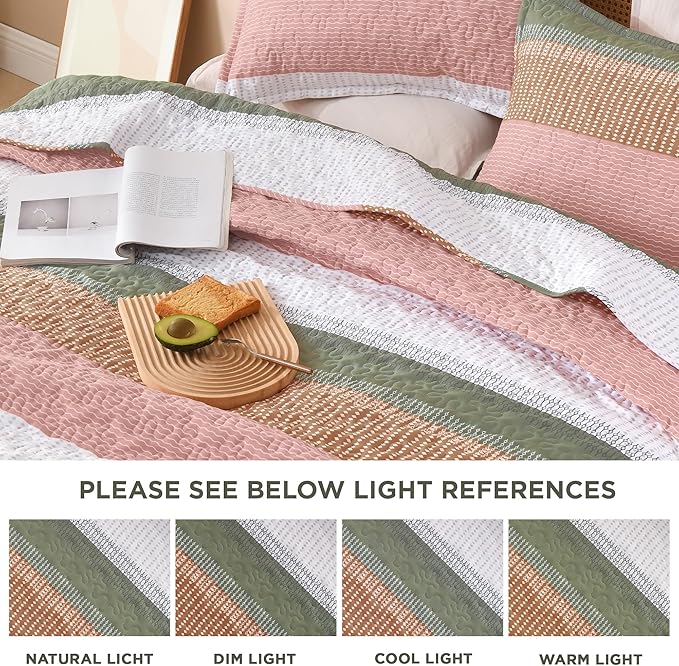 Litanika California King Quilt Set Pink, Green and White, Orange Stripe Patchwork Summer Bedspread Coverlet, Soft Lightweight Microfiber Quilt Bedding Set for All Season(1 Quilt, 2 Pillowcases)