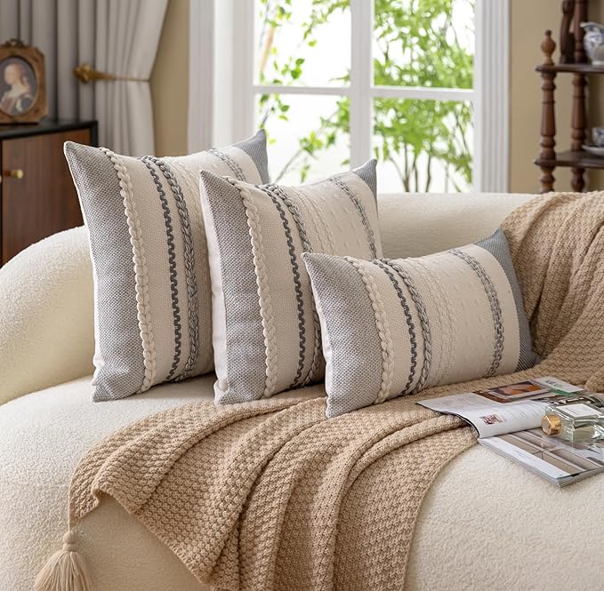 Boho Throw Pillow Covers 12x20 Inch Set of 2, Grey Textured Decorative Couch Pillow Cases for Farmhouse Home Decor, Accent Cushion Cover for Sofa, Bed, Living Room, Bedroom