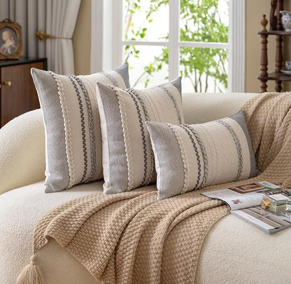 Boho Throw Pillow Covers 12x20 Inch Set of 2, Grey Textured Decorative Couch Pillow Cases for Farmhouse Home Decor, Accent Cushion Cover for Sofa, Bed, Living Room, Bedroom