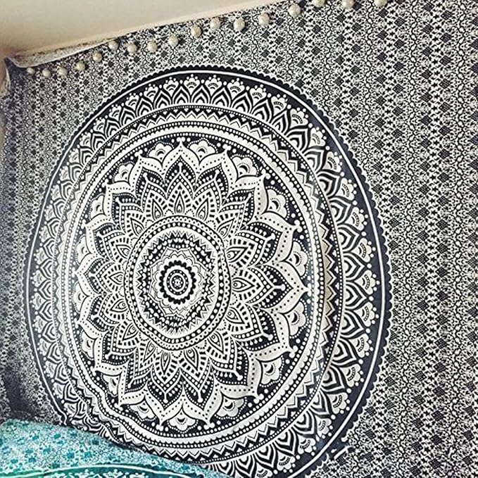 raajsee Grey Black Mandala Tapestry Bedroom Aesthetic - Indie Wall Tapestries Hippie Room Decor - Boho White Trippy Tapestrys Wall Hanging - Mandalas Wall Art 82x92 Inches