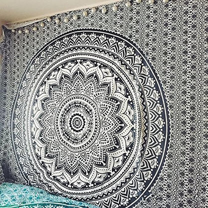 raajsee Grey Black Mandala Tapestry Bedroom Aesthetic - Indie Wall Tapestries Hippie Room Decor - Boho White Trippy Tapestrys Wall Hanging - Mandalas Wall Art 82x92 Inches