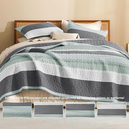 Litanika Oversized King Quilt Set Sage Green, 128x120 Stripe Bedspread Coverlet 3 Pieces, Sage Green Lightweight Quilted Bedding Set for All Season(Super King Plus-1 Quilt, 2 Pillowcases)