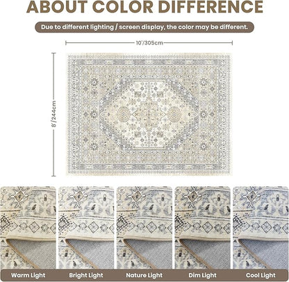 zesthome 8x10 Area Rugs for Living Room,Non-Slip Backing Washable Rugs,Vintage Large Area Rug，Stain Resistant Home Decor Rug (Beige,8'x10')