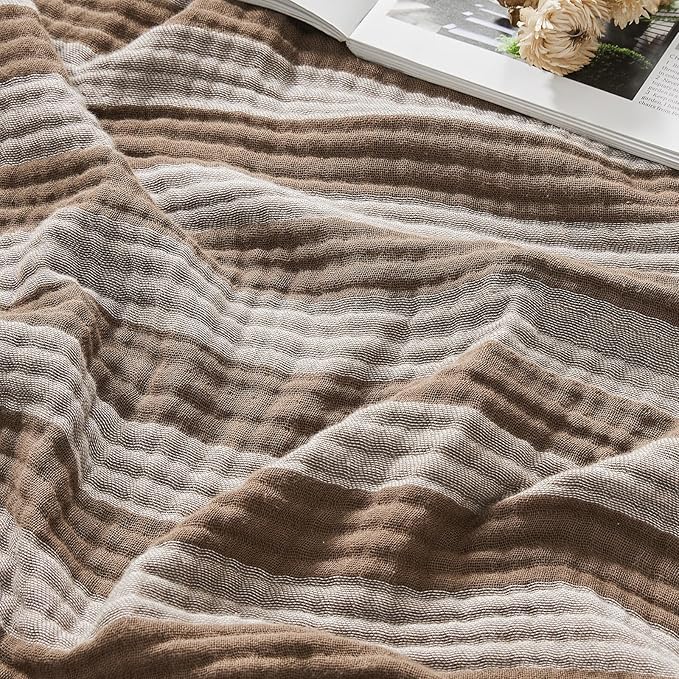EMME Cotton Muslin Large Throw Blanket Couch Breathable Gauze Soft Lightweight Bed Blankets Adults (Striped Brown, 50"x70")