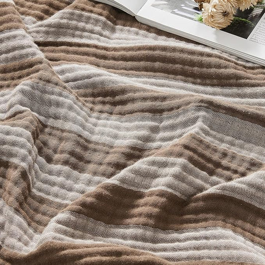 EMME Cotton Muslin Queen Blanket Bed Layering Bedspread Coverlet Breathable Gauze Soft Lightweight Adults (Striped Brown, 90"x90")