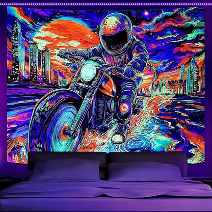 Blacklight Astronaut Tapestry Wall Hanging Space Galaxy Travel Funny Motorcycle Tapestries for Bedroom Colorful Aesthetic Cool Wall Art for Guys Gamer Room Dorm Living Room (motorcycle, 60''×44'')