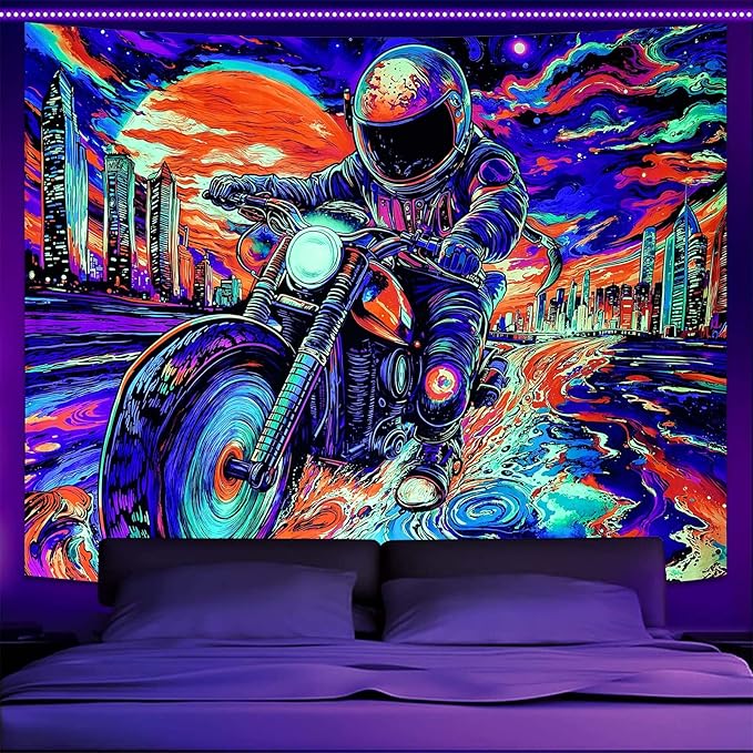 Blacklight Astronaut Tapestry Wall Hanging Space Galaxy Travel Funny Motorcycle Tapestries for Bedroom Colorful Aesthetic Cool Wall Art for Guys Gamer Room Dorm Living Room (motorcycle, 80''×60'')