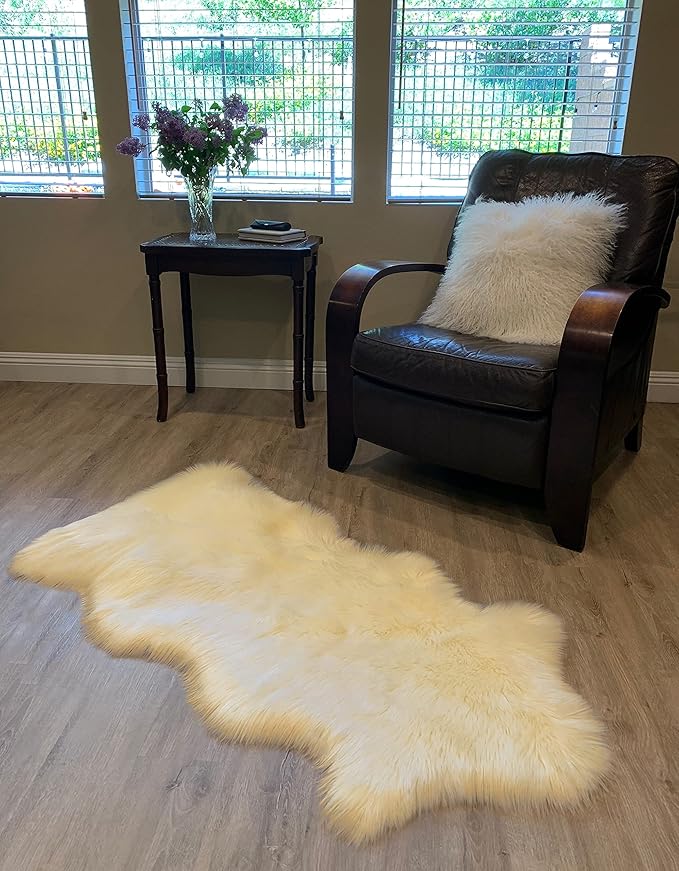 LAMBZY Faux Sheepskin Super Soft Hypoallergenic Silky Shag Rug for Living Room, Kids Room, Sofa (Single and a Half 2'x4'6", Cream)