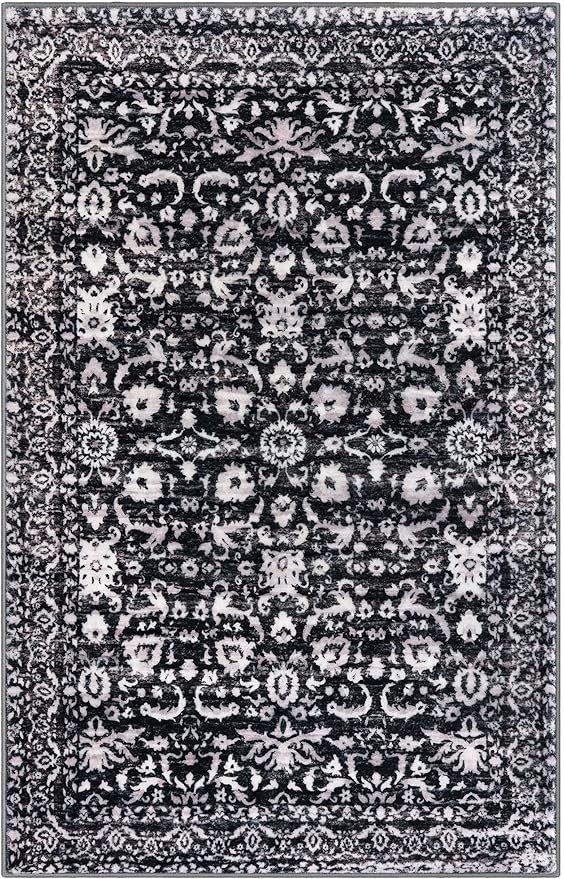 Vintage Floral 3x5 Rug, Black and White Entryway Rug Small Area Rug Washable Non-Slip Throw Rug, Thin Printed Faux Wool Low-Pile Kitchen Rugs Super Soft Capet for Entrance Bedroom Office