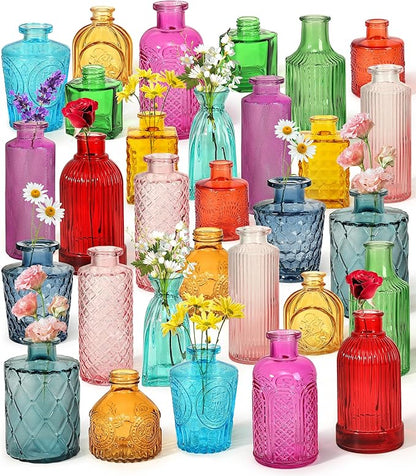 Set of 30 Colorful Glass Bud Vases - Small Textured Flower Vases for Centerpieces, Wedding Table Decor, Retro Home Decor Bulk Vase Set for DIY, Events & Gifts