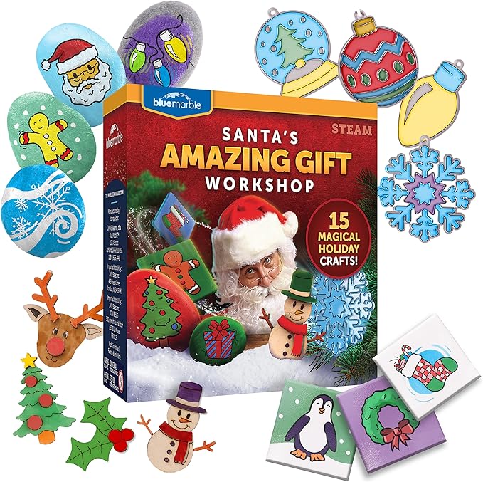 Blue Marble Santa's Christmas Craft Kit for Kids - 15 Magical Christmas Crafts for Kids, Make Suncatchers, Paint Holiday Rocks, Make Magnetic Tile Art & More for Christmas Gifts, Craft Kits