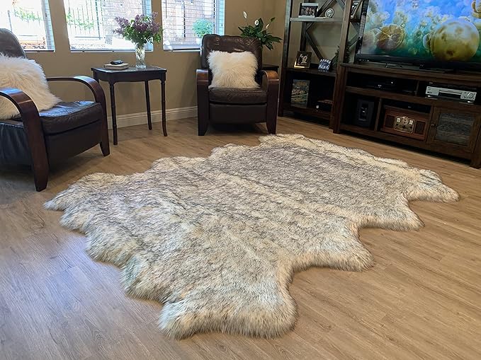 LAMBZY Faux Sheepskin Super Soft Hypoallergenic Silky Shag Rug for Living Room, Kids Room, Sofa (Octo 8 Pelts 6'x8', White/Black Tips)
