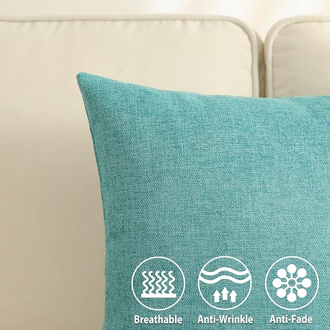 Stellhome Burlap Throw Pillow Covers Textured Farmhouse Pillowcase 20x20 inch Decorative Linen Cushion Covers for Bed Couch Sofa Bench, Set of 2, Blue Green