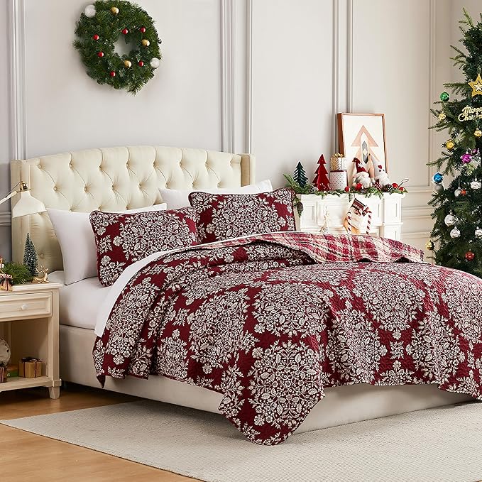 Southshore Fine Living, Inc. Christmas Quilt, Queen Size Size with 2 Pillow Shams, Reversible Plaid Christmas Bedding Set, Coverlet Queen Size - Red Plaid