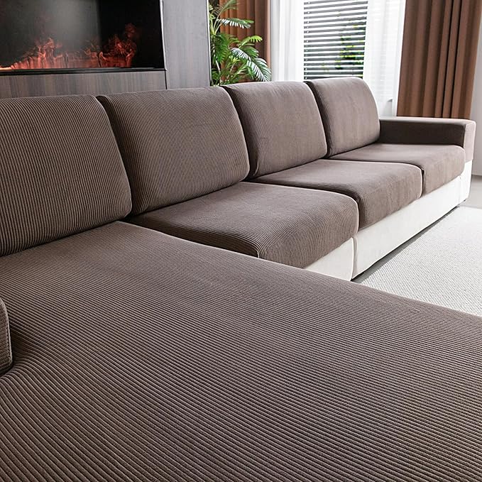 Sectional Couch Covers, Wear Resistant Stretch Sofa Covers Washable Soft Couch Cushion Covers Anti Slip Furniture Protector Sofa Slipcovers for Pets(1 Piece Chaise Cover, Brown)