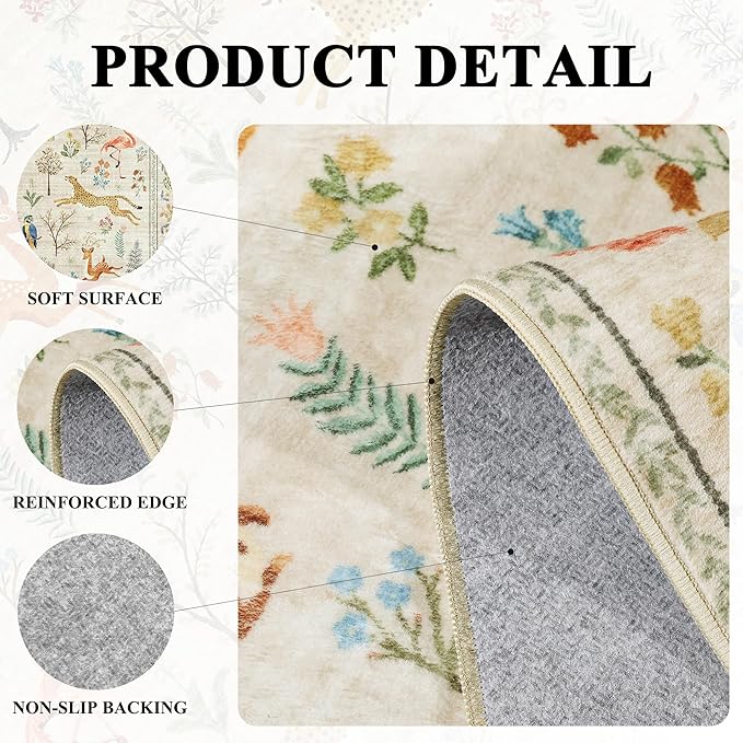 DUKINO 2x5 Rug for Hallway, Washable Kitchen Runner Rug with Non Slip Backing, Soft Low Pile Vintage Animal Runner for Bedroom, Kitchen, Hallway, Entryway, Laundry, Beige