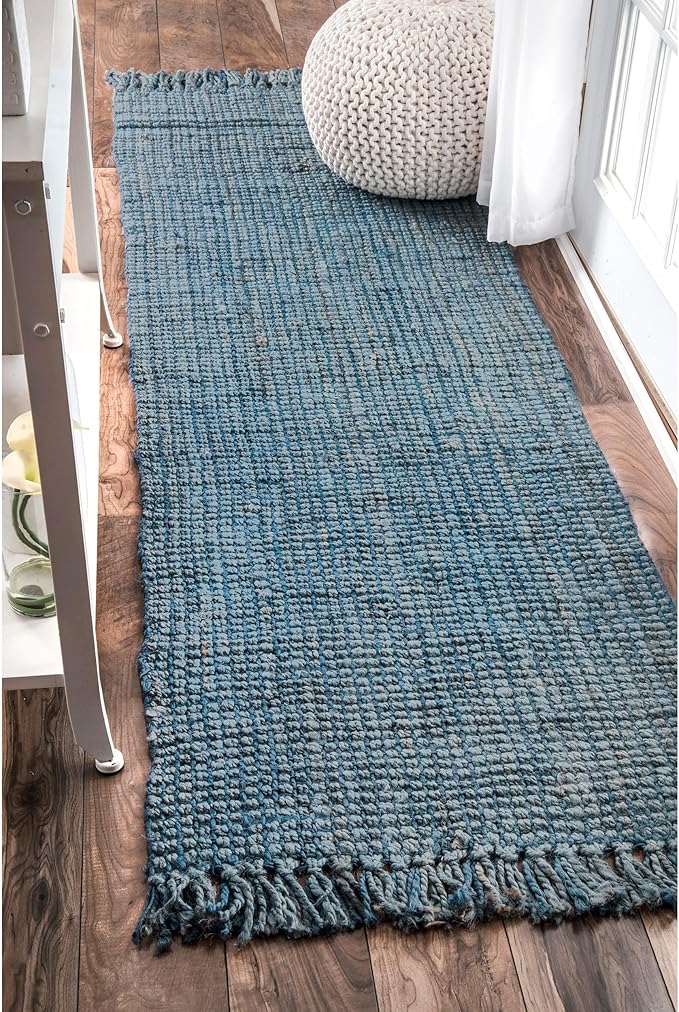 Nuloom Daniela Blue, 2'6" x 8', Handmade, Jute, Tassel, Soft and Textured, High Traffic, Stain Resistant, Easy Clean, Durable Runner for Bedroom, Living Room, Dining Space, Foyer, Entryway