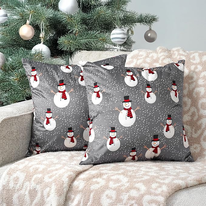 PAVILIA Holiday Throw Pillow Covers 20x20 Set of 2, Decorative Pillow Cases Bed Sofa Couch, Christmas Winter Accent Decor Cushion Bedroom Living Room, Velvet Square Euro Sham Covers, Snowman Gray