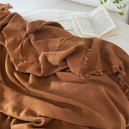 MooMee Muslin Blanket - 100% Cotton 4-Layer Gauze Throw Blanket with All-Around Fringe, Ultra-Soft Breathable Lightweight Cooling Decorative for Bed, Sofa & Couch (Drak Orange, Queen 90" x 90")