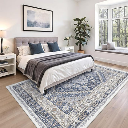 zesthome 5x8 Area Rugs - Ultra-Thin Washble Rug, Stain Resistant Anti Slip Backing Rugs for Living Room,Bedroom, Vintage Home Decor Area Rug (Blue/Beige,5'x8')